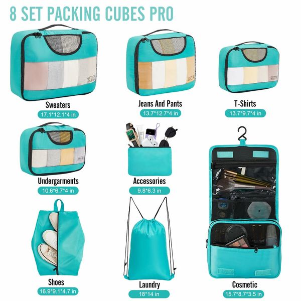 8 Set Packing Cubes Suitcase Essentials Organizer Bags Set for Luggage Road Trip Travel Accessories in 4 Sizes-Blue