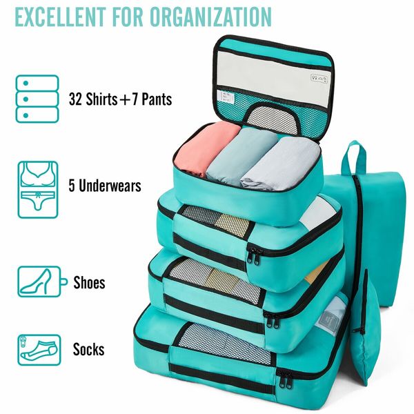 8 Set Packing Cubes Suitcase Essentials Organizer Bags Set for Luggage Road Trip Travel Accessories in 4 Sizes-Blue