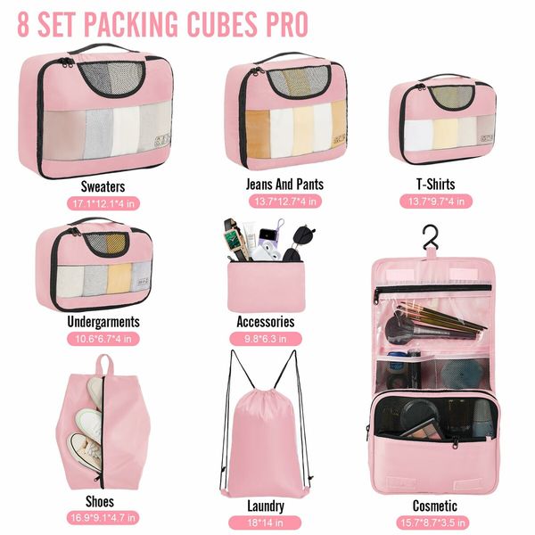8 Set Packing Cubes Suitcase Essentials Organizer Bags Set for Luggage Road Trip Travel Accessories in 4 Sizes-Pink