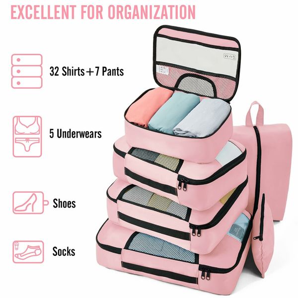 8 Set Packing Cubes Suitcase Essentials Organizer Bags Set for Luggage Road Trip Travel Accessories in 4 Sizes-Pink