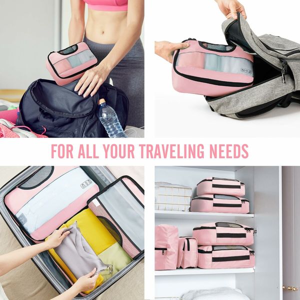8 Set Packing Cubes Suitcase Essentials Organizer Bags Set for Luggage Road Trip Travel Accessories in 4 Sizes-Pink
