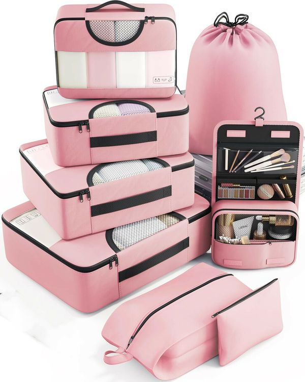 8 Set Packing Cubes Suitcase Essentials Organizer Bags Set for Luggage Road Trip Travel Accessories in 4 Sizes-Pink