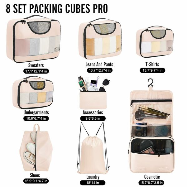 8 Set Packing Cubes Suitcase Essentials Organizer Bags Set for Luggage Road Trip Travel Accessories in 4 Sizes-Cream
