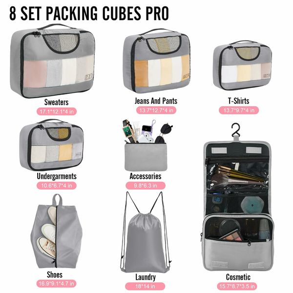 8 Set Packing Cubes Suitcase Essentials Organizer Bags Set for Luggage Road Trip Travel Accessories in 4 Sizes-Grey