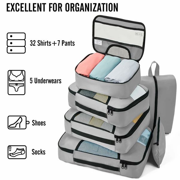 8 Set Packing Cubes Suitcase Essentials Organizer Bags Set for Luggage Road Trip Travel Accessories in 4 Sizes-Grey