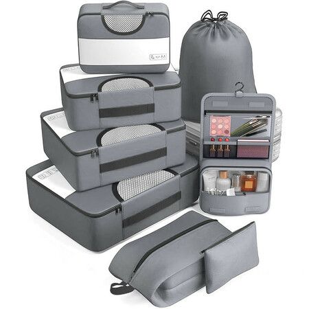8 Set Packing Cubes Suitcase Essentials Organizer Bags Set for Luggage Road Trip Travel Accessories in 4 Sizes-Grey
