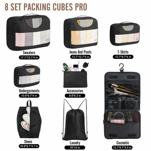 8 Set Packing Cubes Suitcase Essentials Organizer Bags Set for Luggage Road Trip Travel Accessories in 4 Sizes-Black