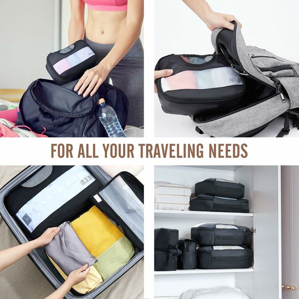 8 Set Packing Cubes Suitcase Essentials Organizer Bags Set for Luggage Road Trip Travel Accessories in 4 Sizes-Black