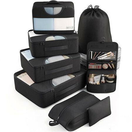 8 Set Packing Cubes Suitcase Essentials Organizer Bags Set for Luggage Road Trip Travel Accessories in 4 Sizes-Black