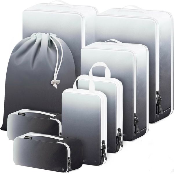 8 Set Compression Packing Cubes Travel - Maximize Space In Luggage With Patented Double Capacity Design For Travel,Large,Small,Medium-Gradient Grey