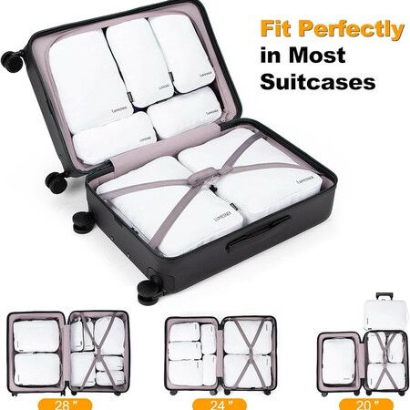 8 Set Compression Packing Cubes Travel - Maximize Space In Luggage With Patented HybridMax Double Capacity Design For Travel,Large,Small,Medium-White