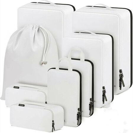 8 Set Compression Packing Cubes Travel - Maximize Space In Luggage With Patented HybridMax Double Capacity Design For Travel,Large,Small,Medium-White