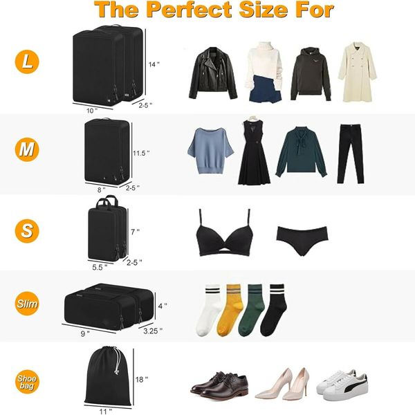 8 Set Compression Packing Cubes Travel - Maximize Space In Luggage With Patented HybridMax Double Capacity Design For Travel,Large,Small,Medium-Black