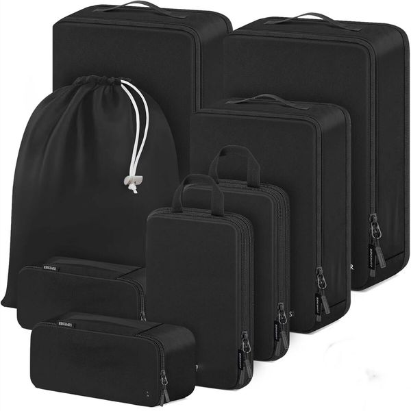 8 Set Compression Packing Cubes Travel - Maximize Space In Luggage With Patented HybridMax Double Capacity Design For Travel,Large,Small,Medium-Black