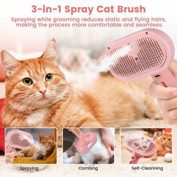 3 in 1 Cat Steam Brush,Pet Spray Hair Removal Comb for Shedding & Grooming,Water Brush for Cats Dogs Small Animals Long Short Hair (Pink)