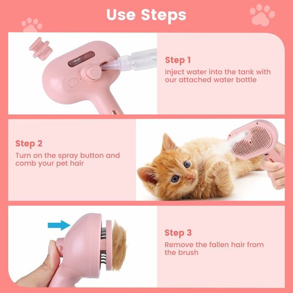 3 in 1 Cat Steam Brush,Pet Spray Hair Removal Comb for Shedding & Grooming,Water Brush for Cats Dogs Small Animals Long Short Hair (Pink)