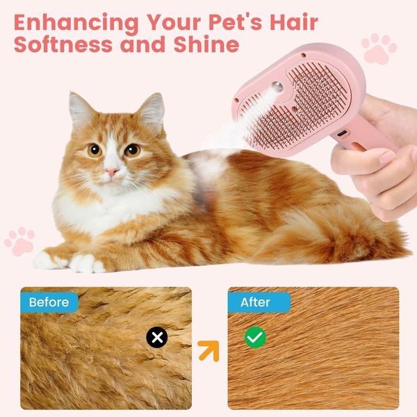 3 in 1 Cat Steam Brush,Pet Spray Hair Removal Comb for Shedding & Grooming,Water Brush for Cats Dogs Small Animals Long Short Hair (Pink)