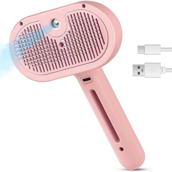 3 in 1 Cat Steam Brush,Pet Spray Hair Removal Comb for Shedding & Grooming,Water Brush for Cats Dogs Small Animals Long Short Hair (Pink)