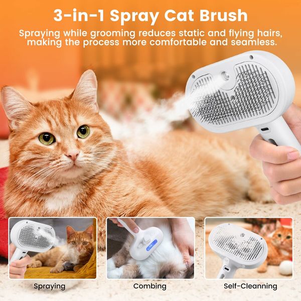 3 in 1 Cat Steam Brush,Pet Spray Hair Removal Comb for Shedding & Grooming,Water Brush for Cats Dogs Small Animals Long Short Hair (White)