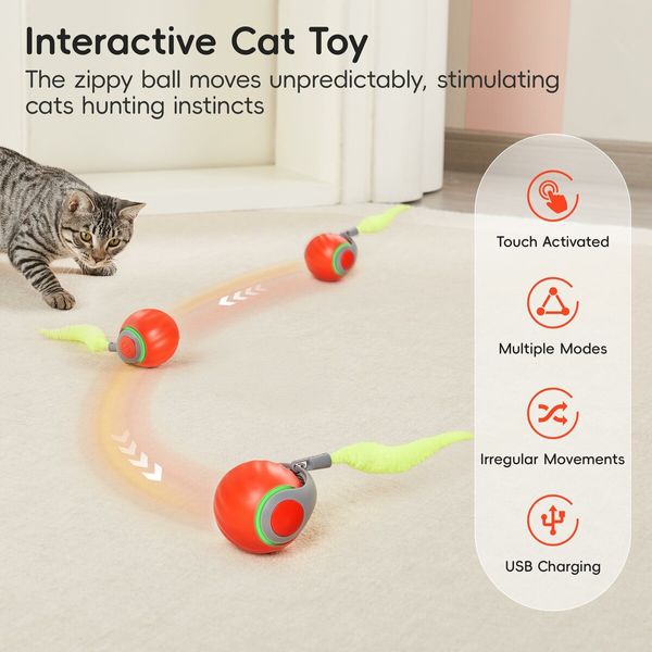 Moving Ball Cat Toys with Feather Tail,Rechargeable Interactive Ball for Indoor Cats Exercise,Smart Interactive Kitten Rolling Ball,Orange