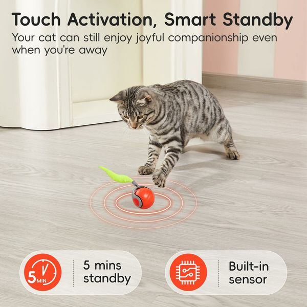 Moving Ball Cat Toys with Feather Tail,Rechargeable Interactive Ball for Indoor Cats Exercise,Smart Interactive Kitten Rolling Ball,Orange
