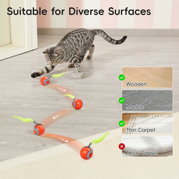 Moving Ball Cat Toys with Feather Tail,Rechargeable Interactive Ball for Indoor Cats Exercise,Smart Interactive Kitten Rolling Ball,Orange