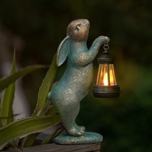 Garden Statues Rabbit with Solar Lantern Outdoor Bunny Figurines Decorations for Patio Yard Lawn Ornaments Gifts for Birthday Easter Housewarming