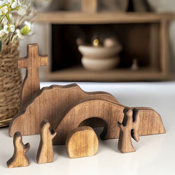 Empty Tomb Easter Scene and Cross Decoration, Wooden Easter Resurrection Scene Cross Jesus Tomb Tray Set, Jesus Nativity Scene Decor