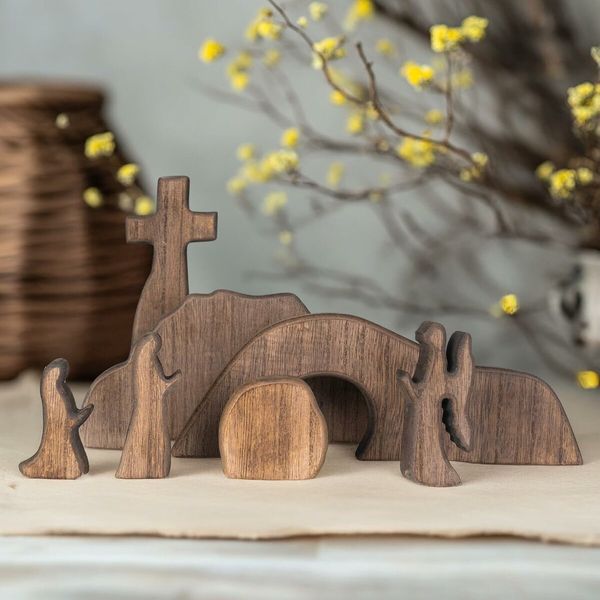 Empty Tomb Easter Scene and Cross Decoration, Wooden Easter Resurrection Scene Cross Jesus Tomb Tray Set, Jesus Nativity Scene Decor