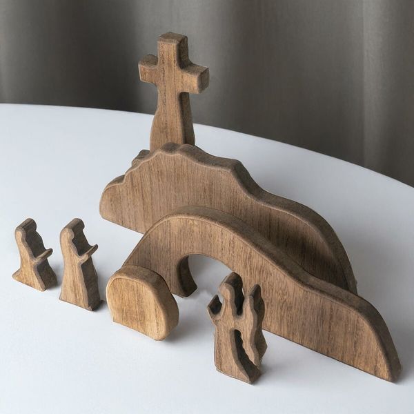 Empty Tomb Easter Scene and Cross Decoration, Wooden Easter Resurrection Scene Cross Jesus Tomb Tray Set, Jesus Nativity Scene Decor