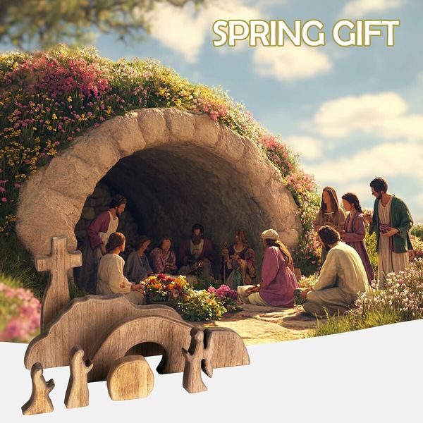 Empty Tomb Easter Scene and Cross Decoration, Wooden Easter Resurrection Scene Cross Jesus Tomb Tray Set, Jesus Nativity Scene Decor