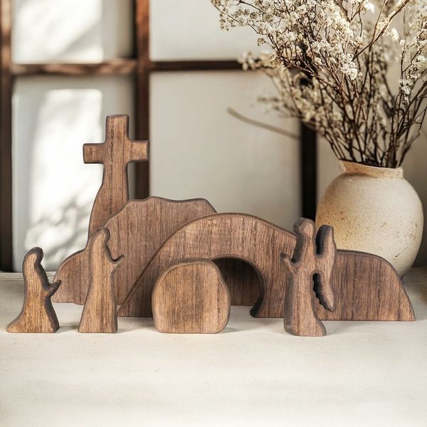 Empty Tomb Easter Scene and Cross Decoration, Wooden Easter Resurrection Scene Cross Jesus Tomb Tray Set, Jesus Nativity Scene Decor