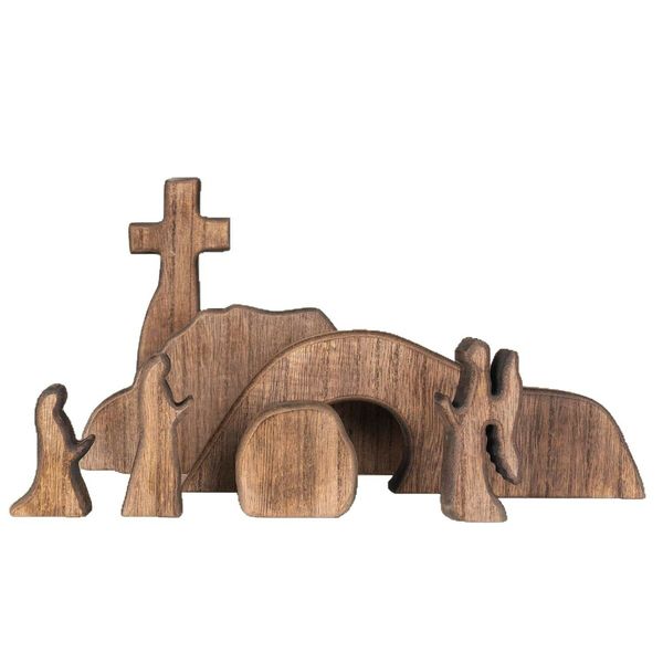 Empty Tomb Easter Scene and Cross Decoration, Wooden Easter Resurrection Scene Cross Jesus Tomb Tray Set, Jesus Nativity Scene Decor