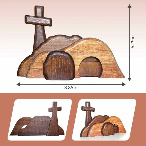 Empty Tomb Easter Scene and Cross, Wooden Empty Tomb Jesus Tomb Easter Tomb Decor Suitable for Religious Home Office Desktop Decoration