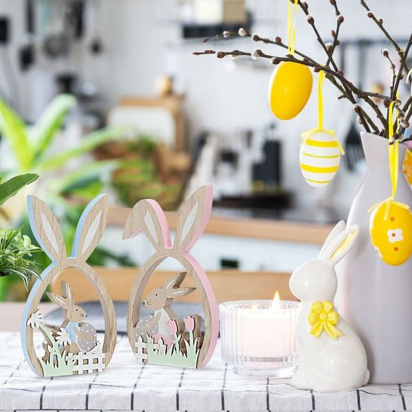 2Pcs Easter Decorations for the Home Farmhouse Rustic Wooden Bunny with Egg Easter Tiered Tray Decor Happy Spring Decoration