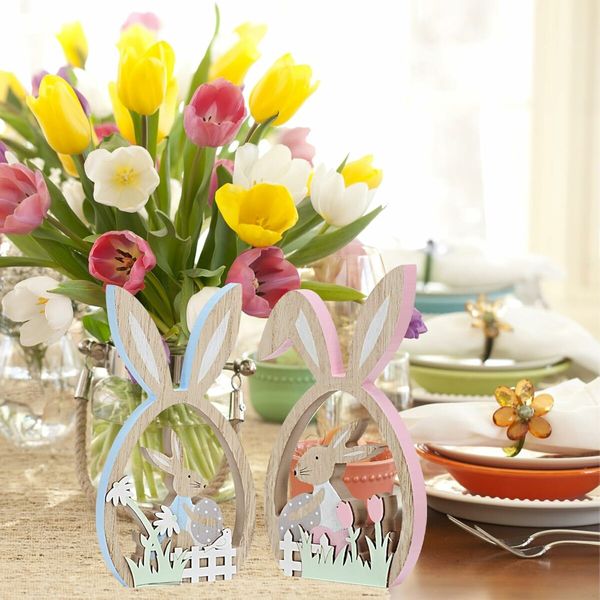 2Pcs Easter Decorations for the Home Farmhouse Rustic Wooden Bunny with Egg Easter Tiered Tray Decor Happy Spring Decoration