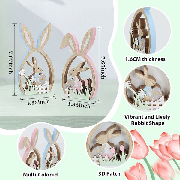 2Pcs Easter Decorations for the Home Farmhouse Rustic Wooden Bunny with Egg Easter Tiered Tray Decor Happy Spring Decoration