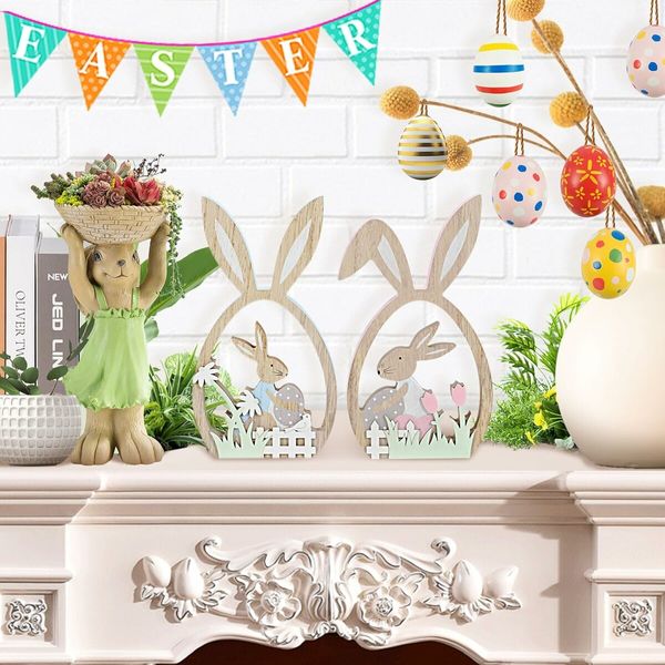 2Pcs Easter Decorations for the Home Farmhouse Rustic Wooden Bunny with Egg Easter Tiered Tray Decor Happy Spring Decoration