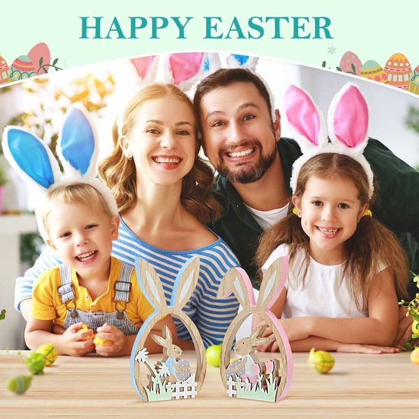 2Pcs Easter Decorations for the Home Farmhouse Rustic Wooden Bunny with Egg Easter Tiered Tray Decor Happy Spring Decoration