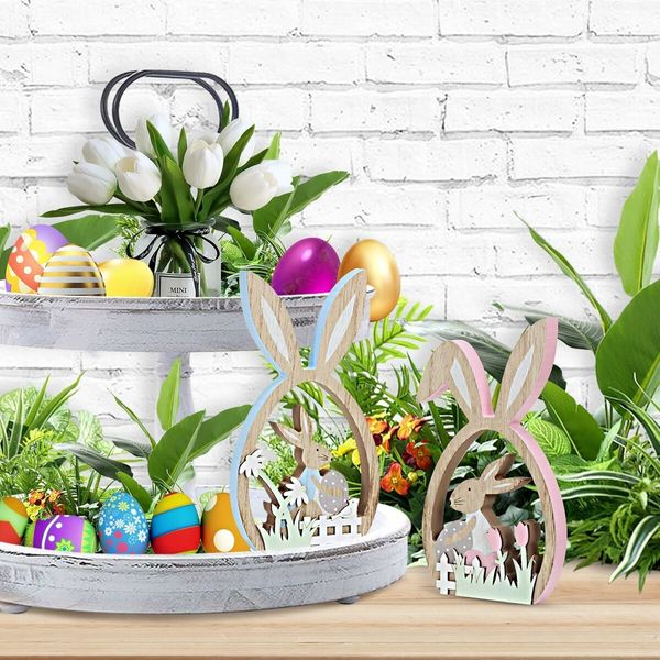 2Pcs Easter Decorations for the Home Farmhouse Rustic Wooden Bunny with Egg Easter Tiered Tray Decor Happy Spring Decoration