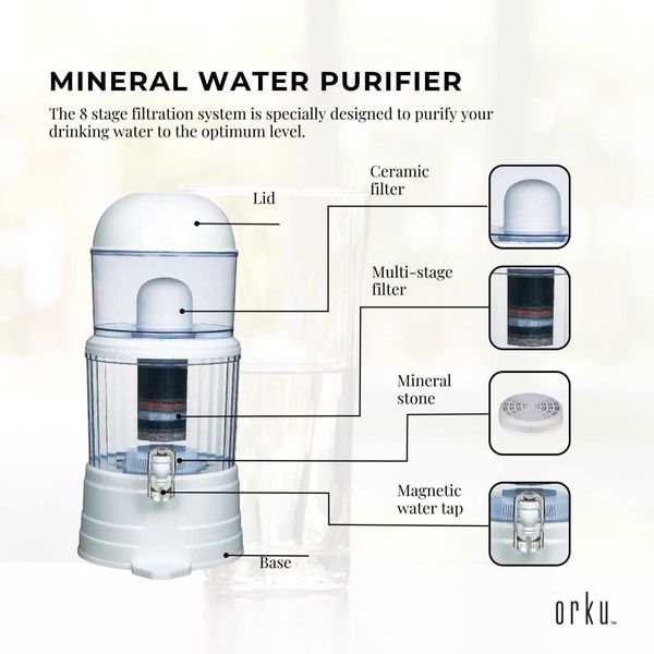 16L Benchtop 8 Stage Water Filter - Ceramic Carbon Mineral Stone Silica Purifier