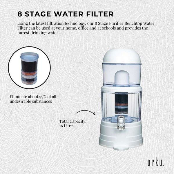 16L Benchtop 8 Stage Water Filter - Ceramic Carbon Mineral Stone Silica Purifier
