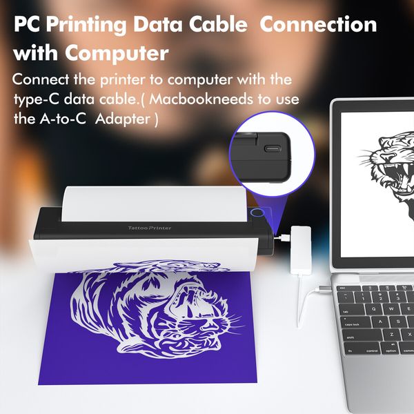 Tattoo Thermal Printer A4 Portable, Bluetooth Wireless USB Inkless Printing Includes 10 Free Tattoo Transfer Papers