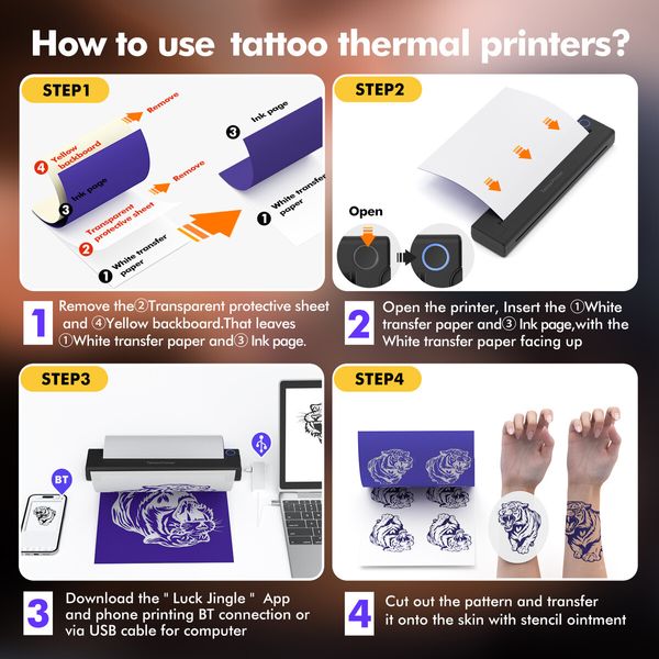 Tattoo Thermal Printer A4 Portable, Bluetooth Wireless USB Inkless Printing Includes 10 Free Tattoo Transfer Papers