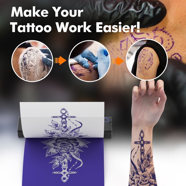 Tattoo Thermal Printer A4 Portable, Bluetooth Wireless USB Inkless Printing Includes 10 Free Tattoo Transfer Papers