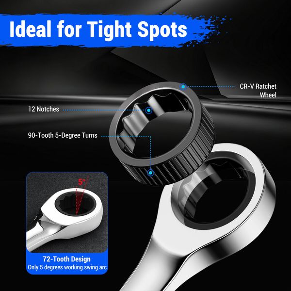 17pcs Wrench Spanner Set Metric Ratchet 90 Tooth Gear Hand Ratcheting Tool Kit Nickle Plating CRV Steel with Storage Pouch