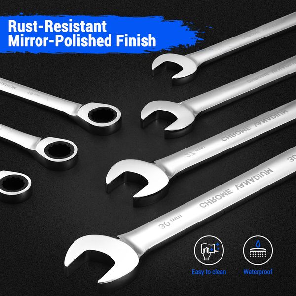 17pcs Wrench Spanner Set Metric Ratchet 90 Tooth Gear Hand Ratcheting Tool Kit Nickle Plating CRV Steel with Storage Pouch