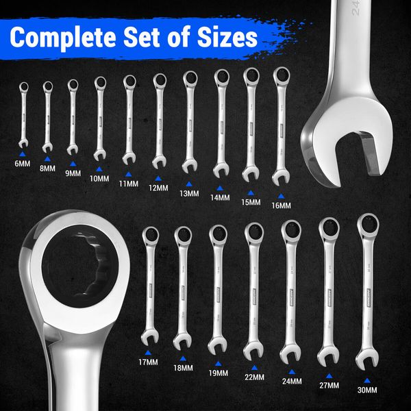 17pcs Wrench Spanner Set Metric Ratchet 90 Tooth Gear Hand Ratcheting Tool Kit Nickle Plating CRV Steel with Storage Pouch