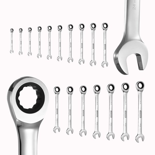 17pcs Wrench Spanner Set Metric Ratchet 90 Tooth Gear Hand Ratcheting Tool Kit Nickle Plating CRV Steel with Storage Pouch