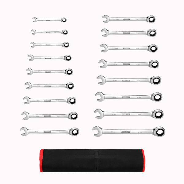 17pcs Wrench Spanner Set Metric Ratchet 90 Tooth Gear Hand Ratcheting Tool Kit Nickle Plating CRV Steel with Storage Pouch